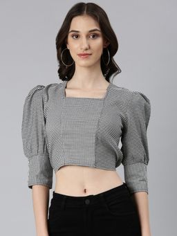SHOWOFF - Women Checked Bishop Sleeves Black Blouson Crop Top
