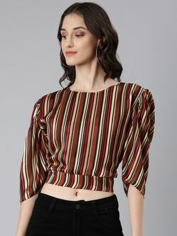 SHOWOFF - Women Vertical Stripes Half Sleeves Brown Styled Back Crop Top