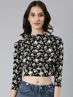 SHOWOFF - Women Floral Regular Sleeves Black Blouson Regular Top