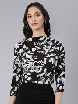 SHOWOFF - Women Floral Regular Sleeves Black Blouson Regular Top