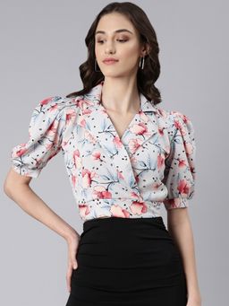 SHOWOFF - Women Floral Puff Sleeves Grey Blouson Crop Top