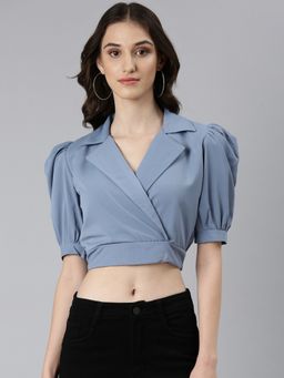 SHOWOFF - Women Solid Puff Sleeves Blue Blouson Crop Top