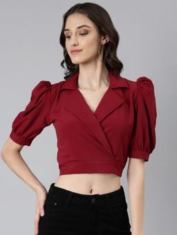 SHOWOFFFF - Women Solid Puff Sleeves Maroon Blouson Crop Top