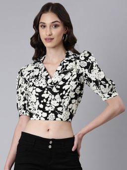 SHOWOFFFF - Women Floral Half Sleeves Off White Blouson Crop Top