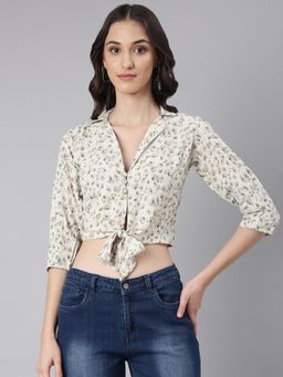 SHOWOFF - Women Abstract Three Fourth Sleeves Off White Blouson Crop Top