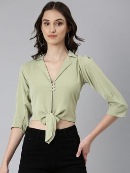 SHOWOFF - Women Solid Puff Sleeves Olive Shirt Style Crop Top