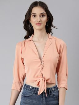 SHOWOFF - Women Solid Puff Sleeves Peach Shirt Style Crop Top