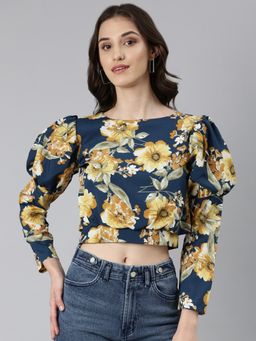 SHOWOFF - Women Floral Puff Sleeves Teal Blouson Crop Top