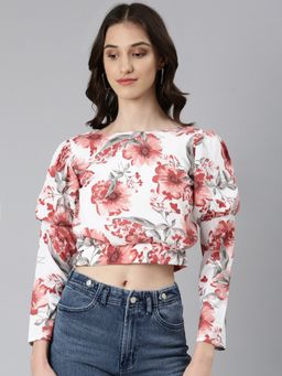SHOWOFF - Women Floral Puff Sleeves White Blouson Crop Top