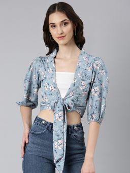 SHOWOFF - Women Floral Puff Sleeves Blue Wrap Crop Top