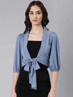 SHOWOFF - Women Solid Three Fourth Sleeves Blue Wrap Crop Top