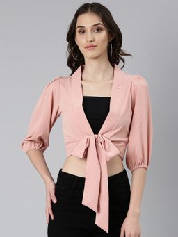 SHOWOFFFF - Women Solid Three Fourth Sleeves Peach Wrap Crop Top