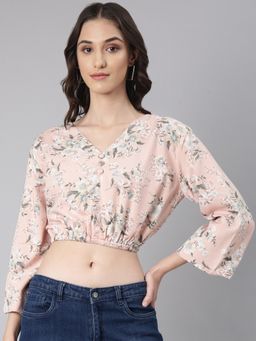 SHOWOFFFF - Women Floral Bell Sleeves Peach Blouson Crop Top