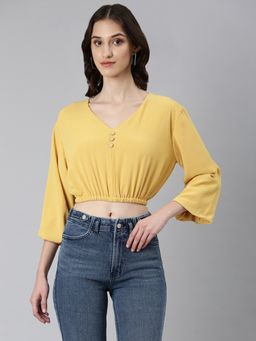 SHOWOFFFF - Women Solid Three Fourth Sleeves Mustard Blouson Crop Top