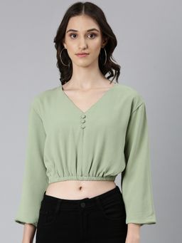 SHOWOFFFF - Women Solid Three Fourth Sleeves Sea Green Blouson Crop Top