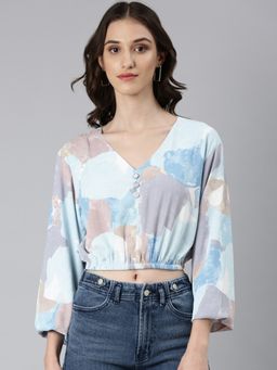 SHOWOFF - Women Abstract Half Sleeves Blue Blouson Crop Top