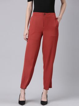 SHOWOFFFF - Women Flat-Front Straight Fit Red Solid Regular Trousers