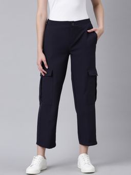 SHOWOFF - Women Flat-Front Straight Fit Navy Blue Solid Trousers