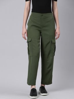 SHOWOFFFF - Women Flat-Front Straight Fit Olive Solid Trousers