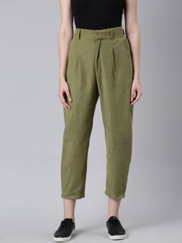 SHOWOFF - Women Pleated Straight Fit Olive Solid Regular Trousers
