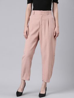 SHOWOFF - Women Pleated Straight Fit Peach Solid Regular Trousers
