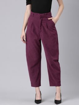 SHOWOFFFF - Women Pleated Straight Fit Purple Solid Regular Trousers