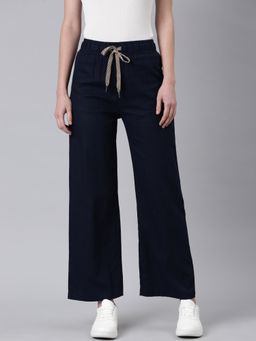 SHOWOFF - Women Flat-Front Straight Fit Navy Blue Solid Parallel Trousers