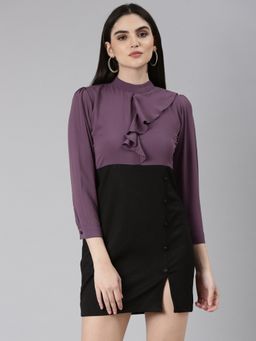 SHOWOFF - Women High Neck Long Sleeves Bodycon Colorblock Purple Above Knee Dress