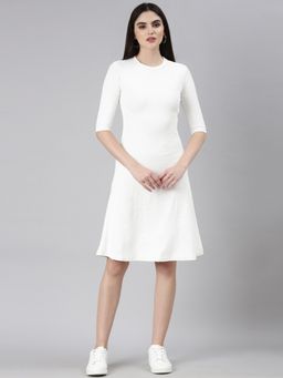 SHOWOFF - Women Round Neck Short Sleeves A-Line Solid White Knee Length Dress