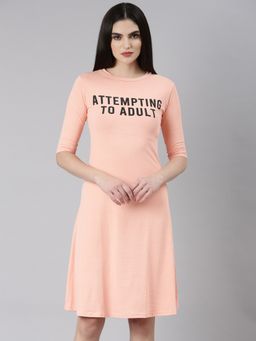 SHOWOFF - Women Round Neck Three Fourth Sleeves A-Line Typography Peach Knee Length Dress