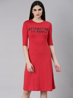 SHOWOFF - Women Round Neck Three Fourth Sleeves A-Line Typography Red Knee Length Dress