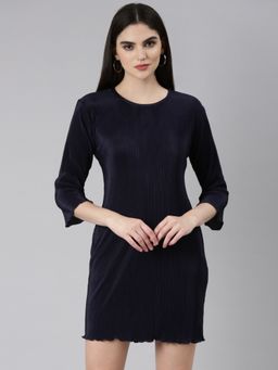 SHOWOFF - Round Neck Three Fourth Sleeves Bodycon Textured Navy Blue Above Knee Dress