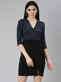 SHOWOFF - Women V-Neck Three Fourth Sleeves Bodycon Embellished Blue Above Knee Dress