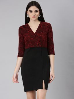 SHOWOFF - Women V-Neck Three Fourth Sleeves Bodycon Embellished Red Above Knee Dress