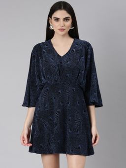 SHOWOFF - Women V-Neck Three-Quarter Sleeves A-Line Embellished Blue Mini Dress