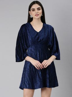 SHOWOFFFF - Women V-Neck Flared Sleeves Self Design Navy Blue Mini Dress