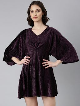 SHOWOFF - Women V-Neck Flared Sleeves Self Design Purple Mini Dress