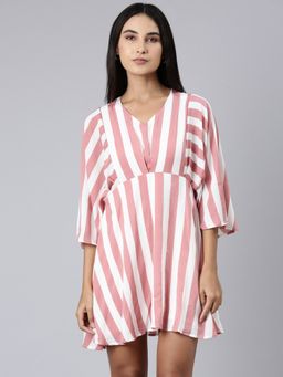 SHOWOFF - Women V-Neck Flared Sleeves A-Line Striped Mauve Above Knee Dress