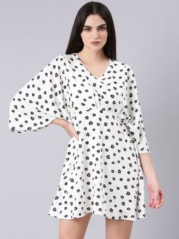 SHOWOFF - Women V-Neck Flared Sleeves A-Line Floral White Above Knee Dress
