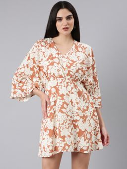 SHOWOFF - Women V-Neck Flared Sleeves A-Line Floral Rust Above Knee Dress