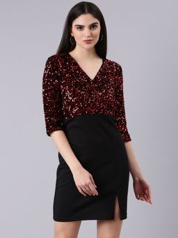 SHOWOFF - Women V-Neck Three Fourth Sleeves Bodycon Embellished Black Above Knee Dress