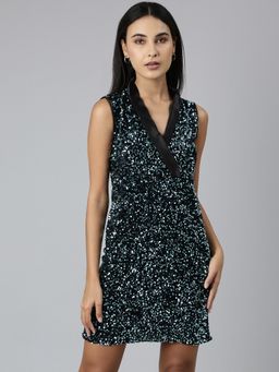 SHOWOFF - Women V-Neck Sleeveless Bodycon Embellished Blue Above Knee Dress