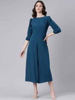 SHOWOFFFF - Women Round Neck Three Fourth Sleeves Teal Solid Basic Jumpsuit