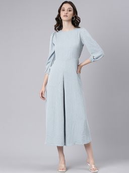 SHOWOFF - Women Round Neck Three Fourth Sleeves Blue Printed Basic Jumpsuit