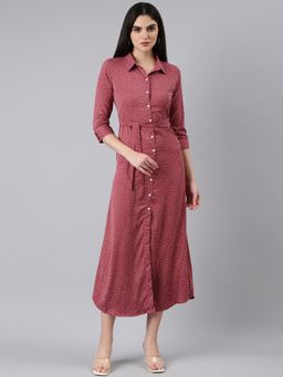 SHOWOFF - Women Shirt Collar Three Fourth Sleeves Shirt Polka Dots Red Midi Dress