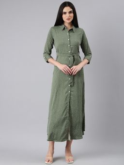 SHOWOFF - Women Shirt Collar Three Fourth Sleeves Shirt Polka Dots Olive Midi Dress