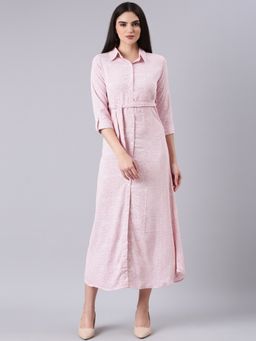 SHOWOFF - Women Shirt Collar Three Fourth Sleeves Shirt Geometric Pink Midi Dress (Set of 2)
