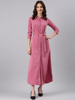 SHOWOFF - Women Shirt Collar Three Fourth Sleeves Shirt Solid Pink Maxi Dress (Set of 2)