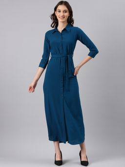 SHOWOFF - Women Shirt Collar Three Fourth Sleeves Shirt Solid Teal Maxi Dress (Set of 2)