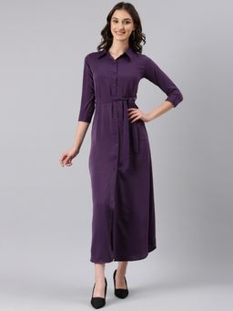 SHOWOFF - Women Shirt Collar Three Fourth Sleeves Shirt Solid Purple Maxi Dress (Set of 2)